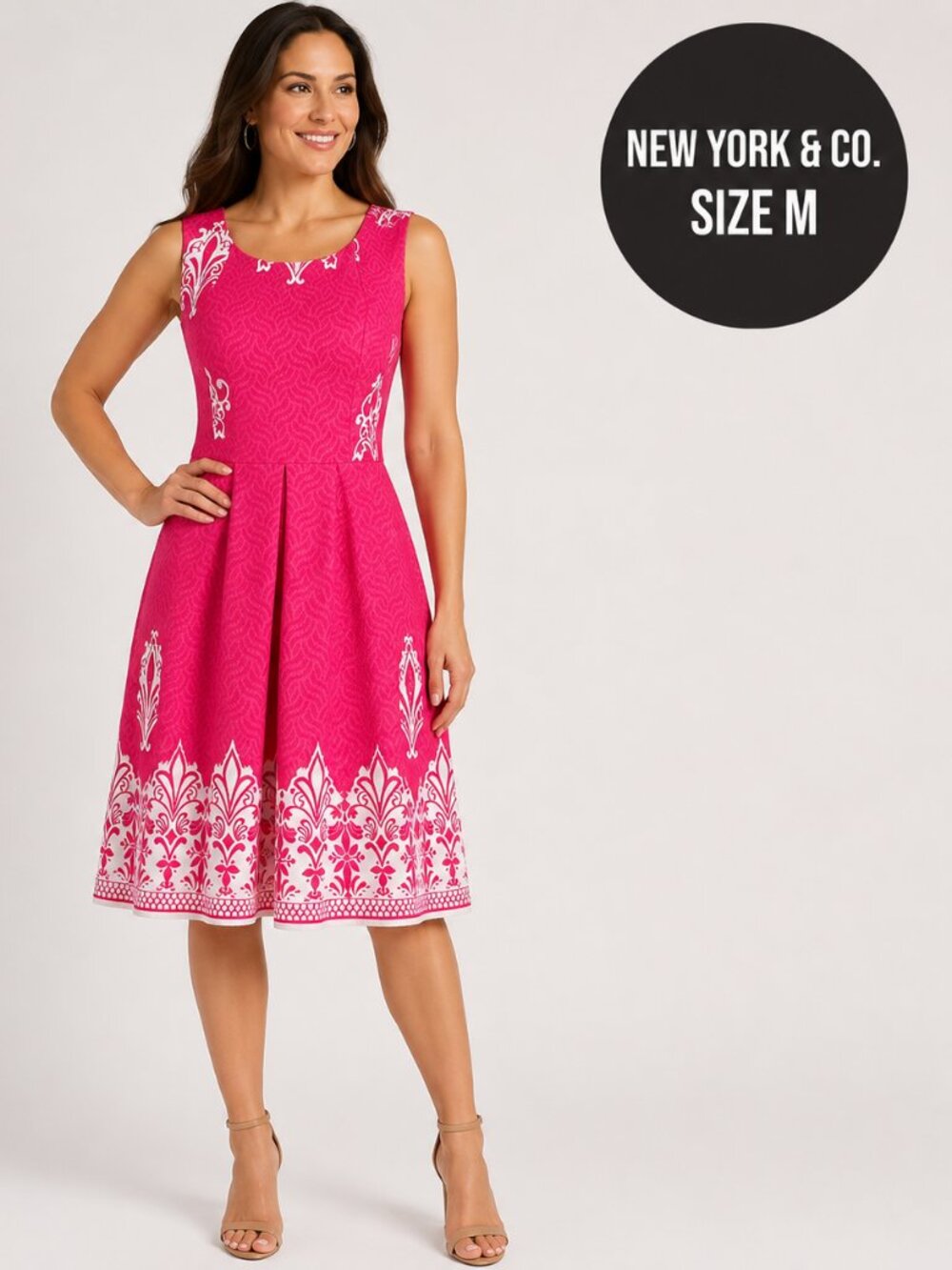 New York & Company | M | New York & Co Pink and White Damask Sleeveless Fit and
